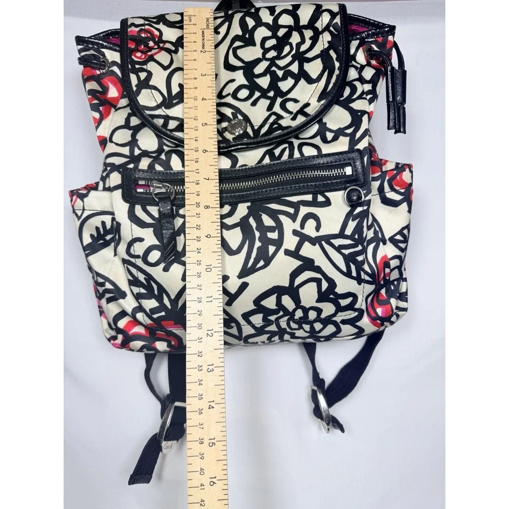 Coach Poppy Daisy Graffiti Backpack Floral Satin Black White Pink Travel Casual